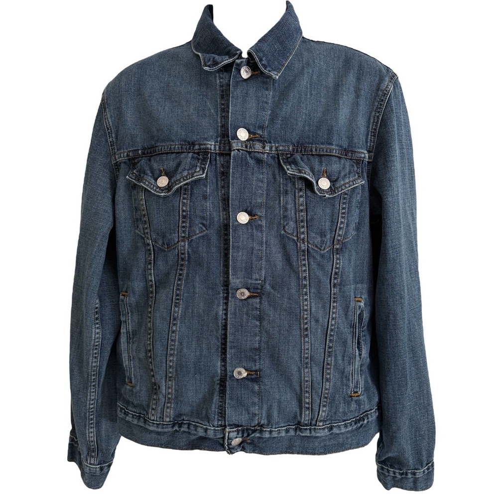 Levi‎ Strauss Womens Jean Jacket L Distressed Medium Wash Soft Comfy Button Up